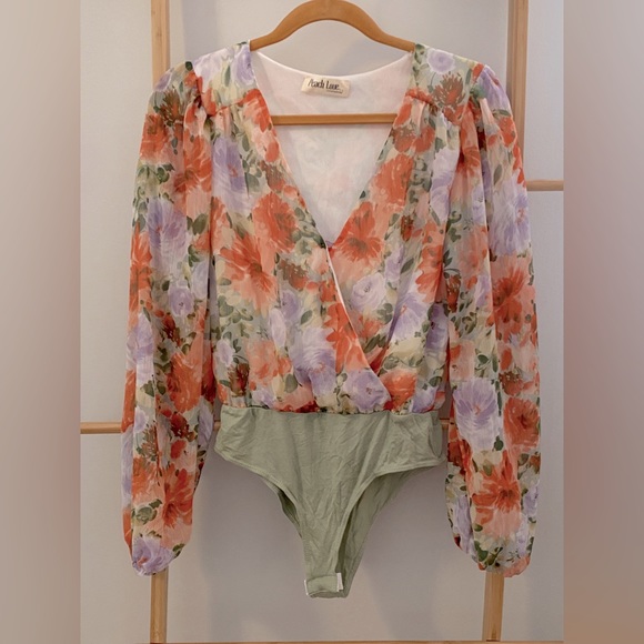 Peach Love California Multi Color Floral Faux Wrap Long Sleeve Bodysuit - Picture 1 of 5